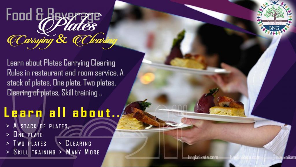 Plates Carrying Clearing Rules in restaurant and room service. A stack of plates, One plate, Two plates, Clearing of plates, Skill training