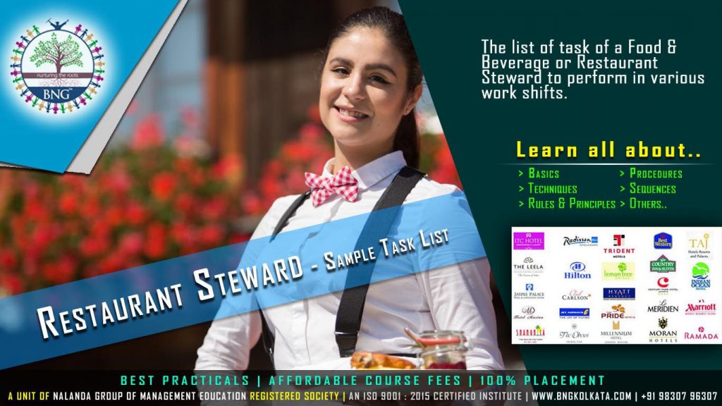 Restaurant Steward - Sample Task List by BNG Hotel Management Kolkata